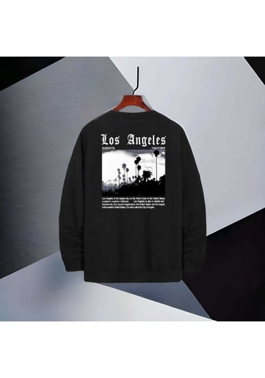 Sweatshirt Unisex Siyah Los Angeles Baskılı Oversize Sweatshirt Siyah