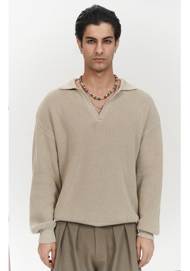 Mai Collection Mai Studios Co. Magnus Polo Yaka Bej Erkek Triko Kazak Bej