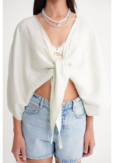 4723 Kadın Önü Bağlamalı Bolero Bluz Adaçayı Adaçayı