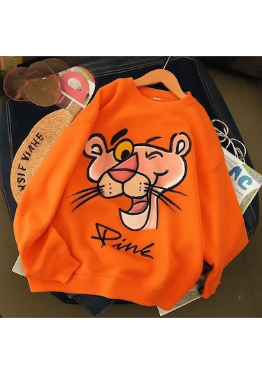 Benroma 3 İplik Penye Pink Baskılı Unisex Sweatshırt Turuncu