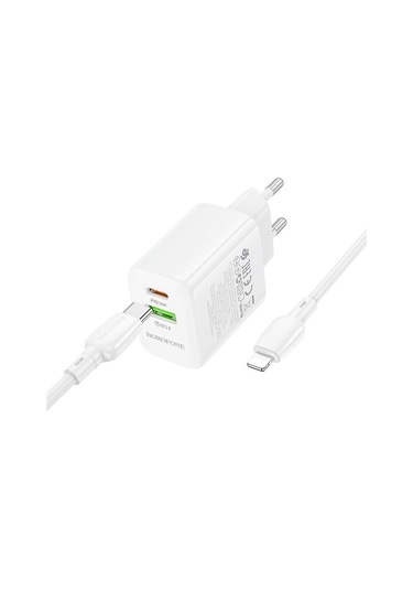 Borofone Bn29 Fuente Pd30w + Qc3.0 Şarj Seti 1m Tip-c İle 8 Pin Kablo, Fiş Tipi: Ab Fiş Beyaz Beyaz