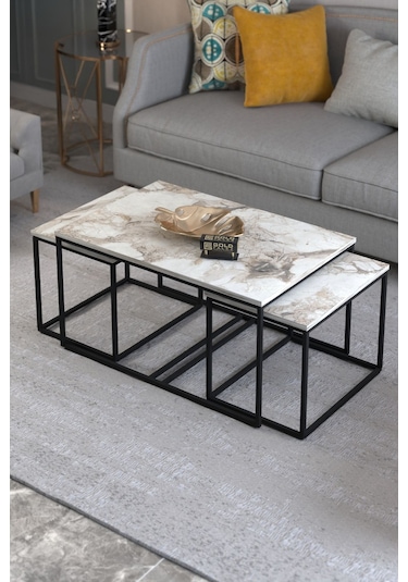 Orta Sehpa Ve Zigon Yan Sehpa Flora Set Efes Bej