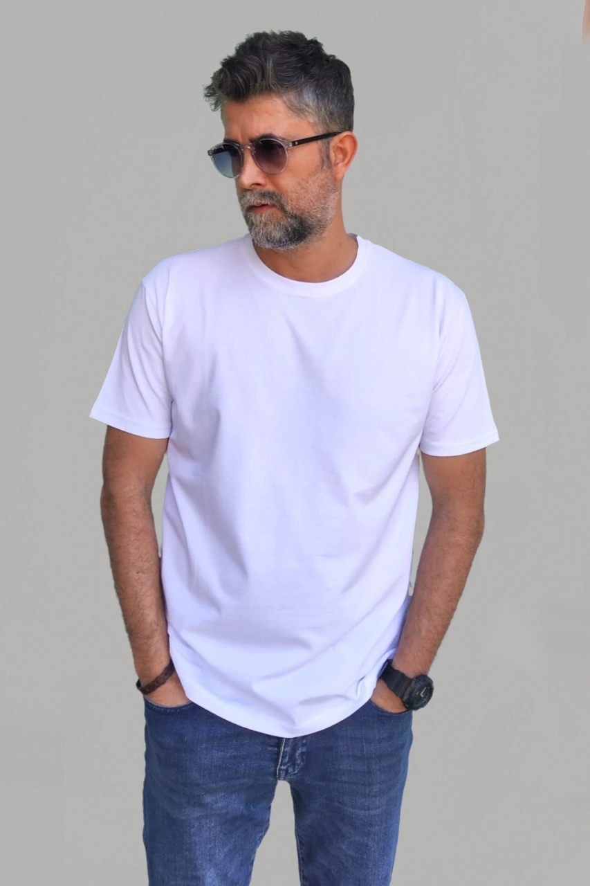 Erkek Beyaz Slim Fit Bisiklet Yaka Pamuk Elastan Basic Tişört Vk-erkektişört-tekli Beyaz