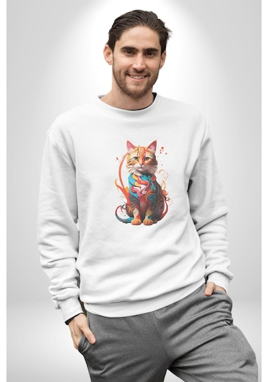 Renkli Yağlı Boya Kedi Unisex Beyaz Baskılı Sweatshirt Beyaz