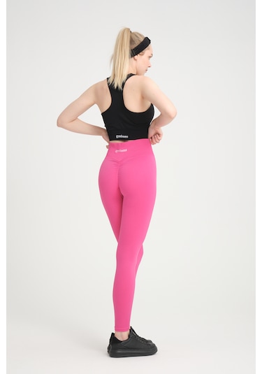 Gymhams Neon Pembe Kalçası Büzgülü Kalça Şekillendirici Push Up Yüksek Bel Spor Tayt Pembe