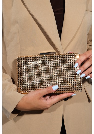 Gomeda Bakır Kare Taşlı Kadın Abiye Çanta Bakır