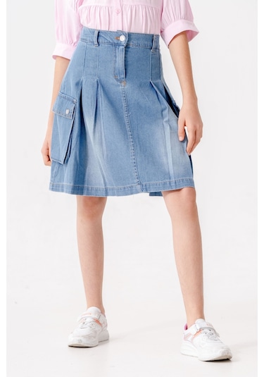 Kız Çocuk Pileli Körük Cepli Kot Etek 2604 Mavi