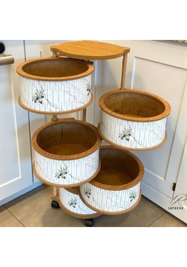 5 Katlı Ahşap Sebzelik Tekerlekli Naturel Gıdaya Uygun Kaliteli Mdf Modern Beyaz - Kahverengi