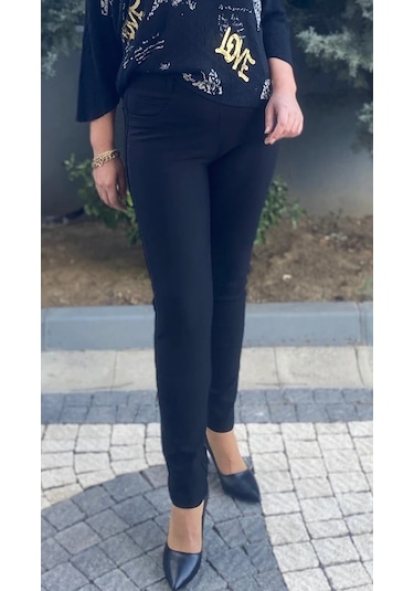 Kadın Siyah Punto Yanları Taş Detaylı Pantolon Siyah