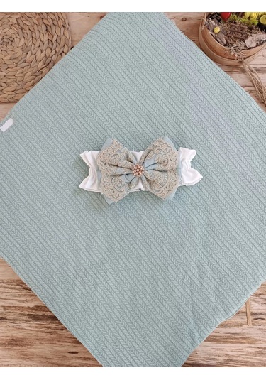 Yenidoğan Kuzulu Taç Nakış Güpürlü Fiyonklu Duvaklı Prizma Taş Unisex Kundak Bebek Battaniyesi Su Yeşili Çok Renkli