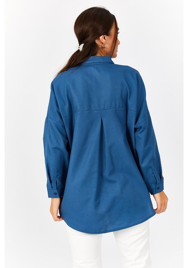 Armonika Kadın Lacivert Oversize Uzun Basic Gömlek Arm-22y001118