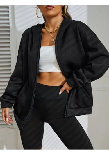 Relax&Basic Siyah 2 İp Örme Kumaş Kapüşonlu Fermuarlı Sweatshirt Siyah