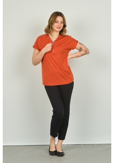 Ella Camelia Kadın Fermuarlı Kısa Kol Bluz 20e038 Kiremit