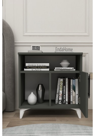 Melina Tek Kapaklı 2 Raflı Bölmeli Komodin & Şifonyer Yatak Odası Başucudüzenleyici Komidin Antrasit