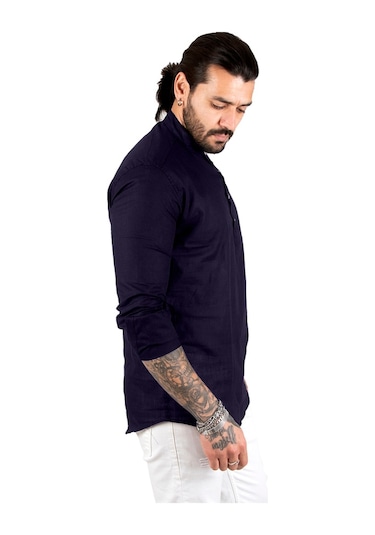 Deepsea Erkek Lacivert Yarım Düğmeli Hakim Yaka Flamlı Keten Gömlek 2201914 Lacivert