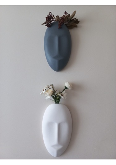 Dekoratif 2'li Yüz Duvar Vazosu, Duvar Süsü ,heykel Aksesuar Beyaz Gri