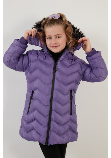Lela Peluş Astarlı Yakası Suni Kürklü Çıkarılabilir Kapüşonlu Kışlık Kız Çocuk Mont 5766041 Lila