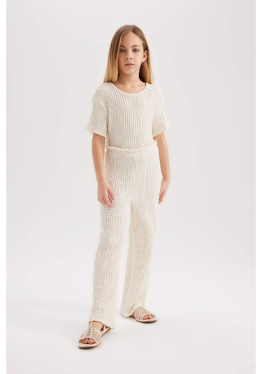 Defacto Kız Çocuk Kısa Kollu Uzun Tulum B4637A824SMER238 Ekru