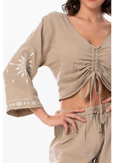 Uzun Kol Günışığı Büzgü Detaylı Yazlık Müslin Bluz Vizon Vzn-vizon Vizon