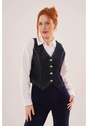 Düğme Ve Ön Dikiş Detaylı Lacivert Jean Yelek Lacivert