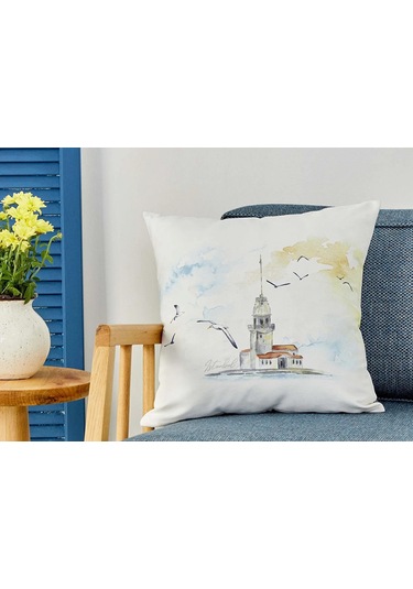 Karaca Home Kız Kulesi Ekru Desenli İç Dolgulu Kırlent 45 45 Cm Şık Ve Keyifli Dekoratif Yastık Beyaz Sarı Uç