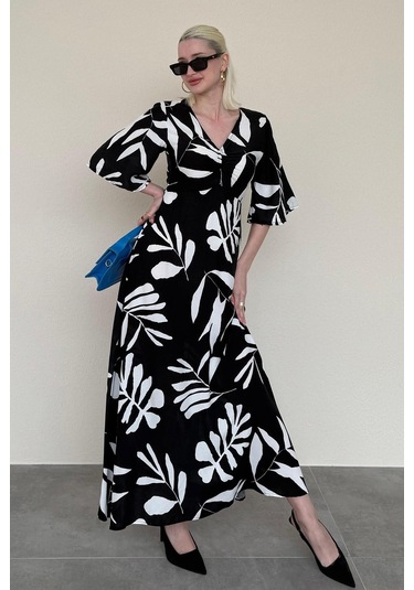 Madmext Siyah Desenli Yarım Kollu Elbise Mg2395 Siyah