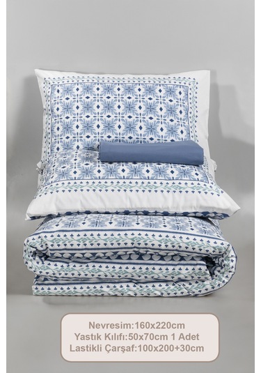 Elart Amanda Nevresim Takımı Tek Kişilik %100 Pamuk Ranforce Lastikli Çarşaf 160x220 Cm Mavi Mavi
