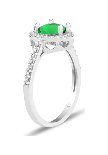 Gümüş Rodyumlu Yeşil Taşlı Pırlanta Montürlü Kalp Modeli Yüzük