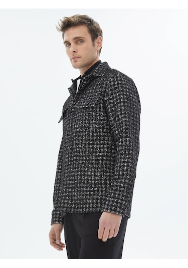 Kip Siyah Kareli Regular Fit Dokuma Yün Karışımlı Overshırt Siyah