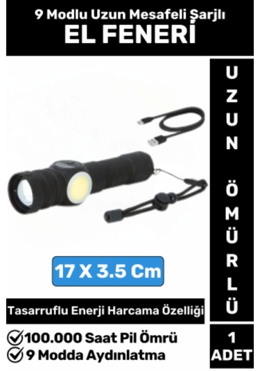 Premium Kamp Avcı Deprem Balıkçı Güvenlik 9 Modlu Uzun Mesafeli Güçlü Işık Şarjlı El Feneri Çok Renkli