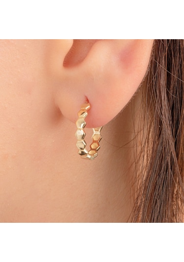 925 Ayar Gümüş Bal Peteği Modelli Altıgen Küpe Sarı