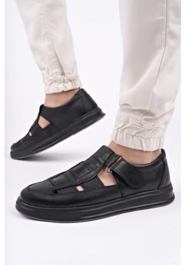 Scoperta Hakiki Deri Günlük Erkek Sandalet Ayakkabı Siyah