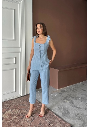 Modasize Şantuk Keten Yelek Görünümlüaskılı Bluz - Pantolon Tk - Mavi Mavi