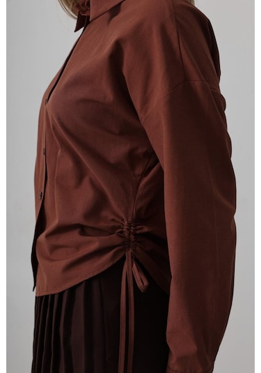 Yanları Bağlamalı Basic Gömlek - Koyu Kahve Kahve