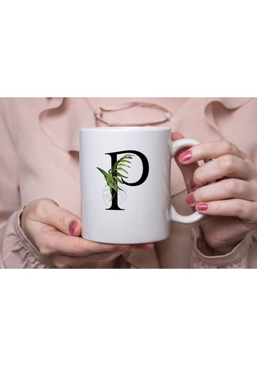 P Harf Zarif Yaprak Desenli Kupa Bardak - Naturel Sade Alfabe Harfli Bardak - Kişiye Özel Hediye Beyaz