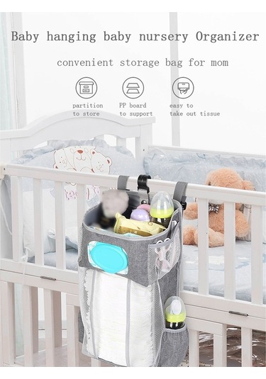 Novahub Bebek Yatağı Asılı Çanta, Gri Beyaz Dalga Desen, Pratik Saklama Çantası Çok Renkli