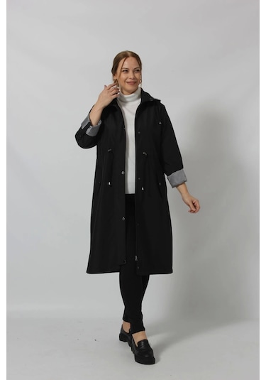 Uzun Astar Detaylı Bondit Trençkot Siyah Siyah