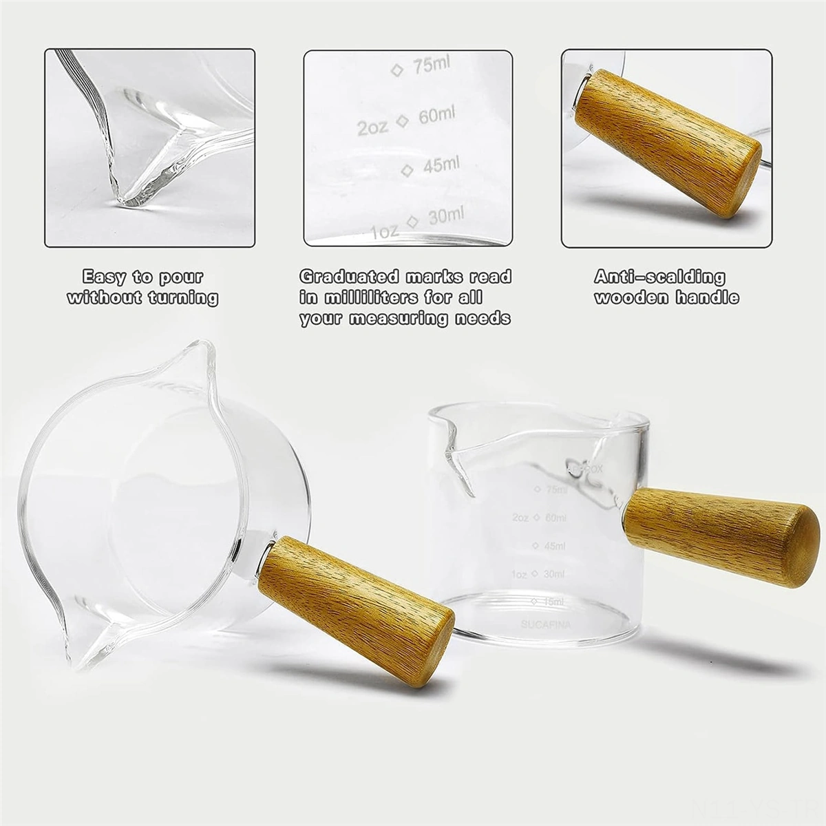 Yunboo 75 Ml Cam + Ahşap İki Ağızlı Espresso Ölçü Bardağı, Isı Yalıtımı Ahşap Saplı, Dökülmeyen, Net Ölçekli 2 Adet Şeffaf