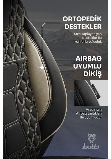 Siyah - Bej Garni Buttı Speedy Serisi Premium Oto Koltuk Kılıfı Ortopedik Destekli, Ön Arka Tam Set, Aırbag Uyumlu
