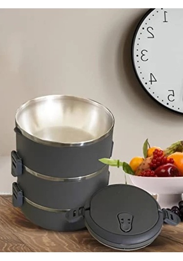Füme Renkli 3 Katlı Sızdırmaz Yemek Termosu, 1.8 Litre Kapasite Açık Bej
