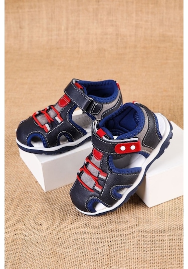 Aymeravm - Burnu Kapalı Lacivert Gri Garnili Çocuk Sandalet -...