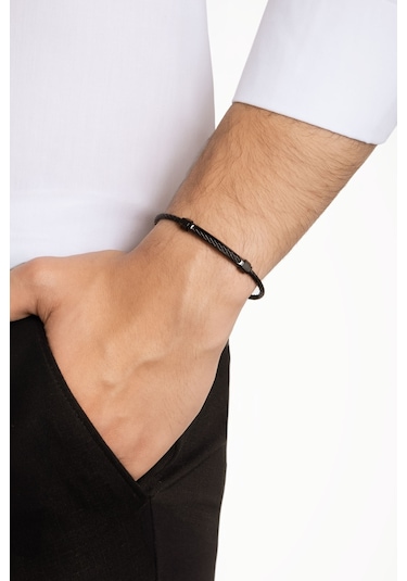 So Chic Siyah Detaylı Çelik Erkek Bileklik Çelik