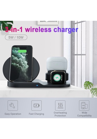 Leezsing 3'ü 1 Arada Hızlı Şarj İstasyonu - Watch, Airpods Ve Telefonlar İçin Kablosuz Şarj Cihazı