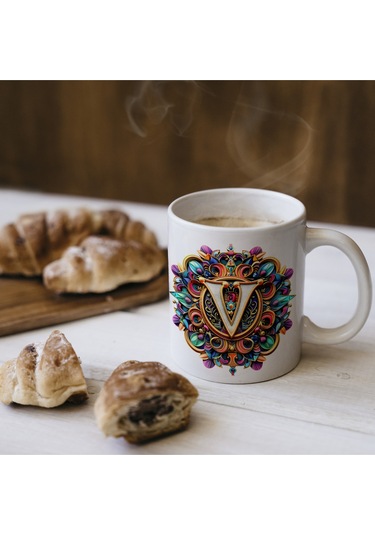 V Harfi Boho Bardak, Renkli Özel Tasarım Hediyelik Harfli Kupa, 330ml Porselen Beyaz