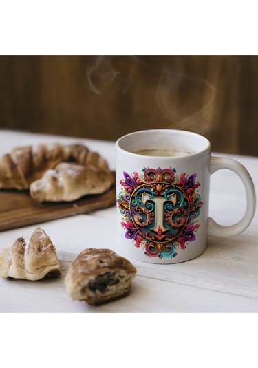 T Harfi Boho Bardak, Renkli Özel Tasarım Hediyelik Harfli Kupa, 330ml Porselen Beyaz