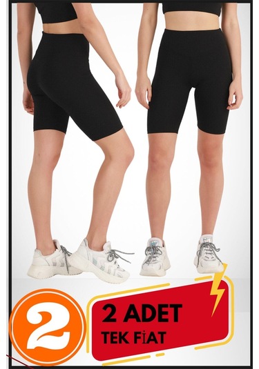Kadın Kısa Siyah Şort Tayt 2'li Paket Lycralı Yüksek Bel Toparlayıcı Mevsimlik Biker 21070 Siyah - Siyah