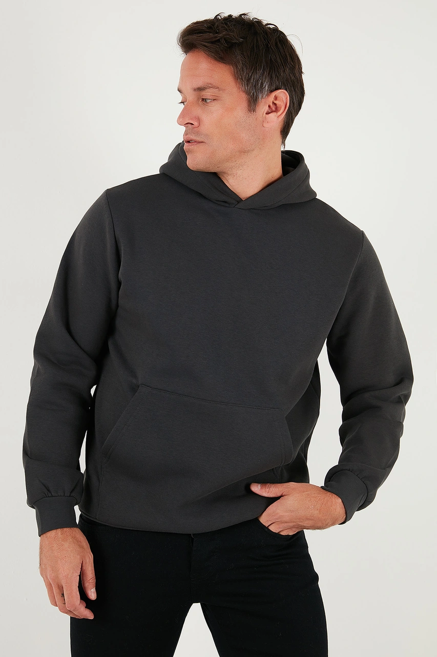 Buratti Regular Fit Kapüşonlu Kanguru Cepli Içi Tüylü Yumuşak Şardonlu Erkek Sweat 5905281 Füme