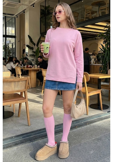 Lela Streç Oversize Fit Bisiklet Yaka Modal Kumaş Bayan Sweat 5865877 Gül