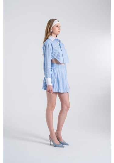 Holly Lolly Çizgili Pilili Mini Harmony Poplin Etek Mavi