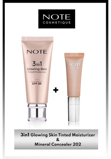 Note Cosmetics 3 in 1 Glowing Skin Tinted Işıltılı Krem SPF50 + Mineral Göz Altı Kapatıcısı 202
